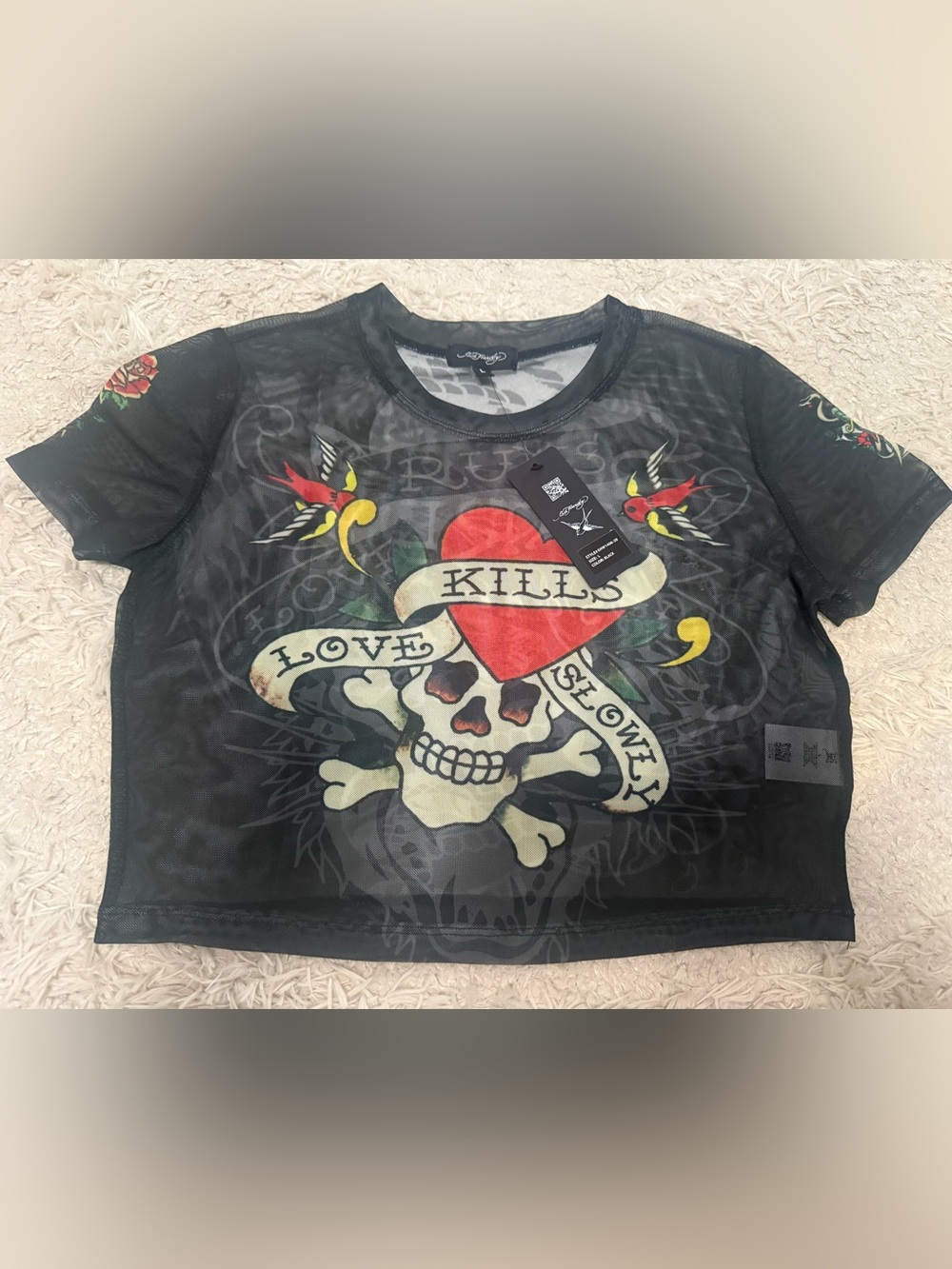 Ed Hardy Black Mesh Crop Top with Red Heart & Skull Graphic